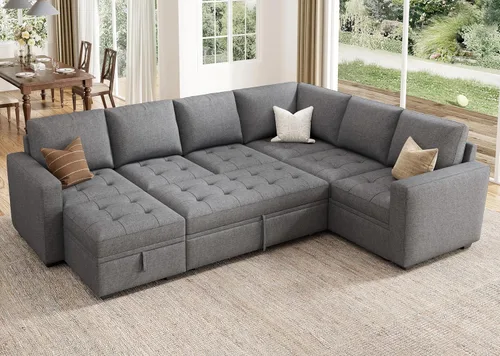 Miniatura 16 de HONBAY Sofá cama modular modular con cama extraíble, sofá en forma de L con asiento de almacenamiento, sofás seccionales para sala de estar, beige
