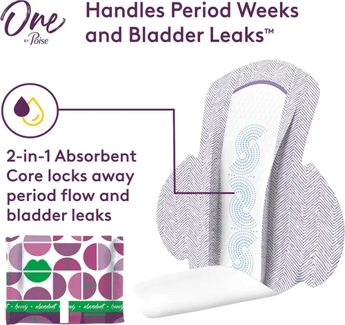 Miniatura 3 de One by Poise - Almohadillas femeninas con alas (período 2 en 1 y almohadilla para fugas de vejiga para mujeres), absorción regular y pesada