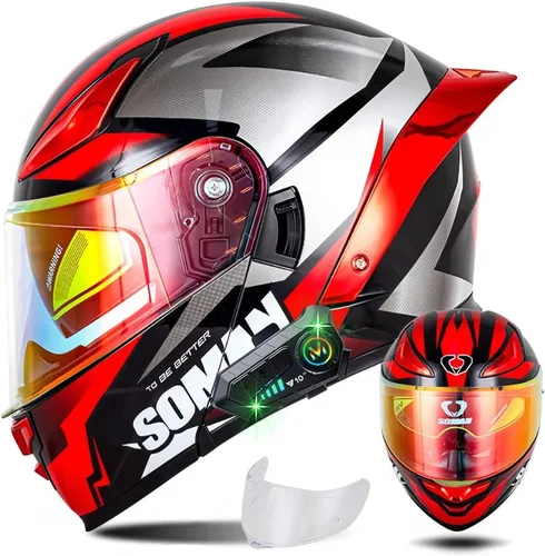 Miniatura 18 de Casco modular de motocicleta con Bluetooth, casco de motocicleta abatible de cara completa para hombres y mujeres con visera tintada y transparente