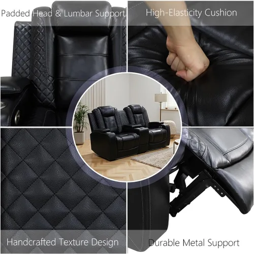 Miniatura 7 de Juego de Sofá Reclinable Eléctrico, Juego de Sofá y Sillón Reclinable de Cuero Negro, Juegos de Muebles de Sala de Estar, Sofá de Dos Plazas