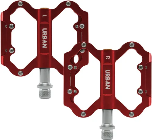 Pedales ligeros de plataforma plana MTB con 16 pasadores hexagonales antideslizantes para agarre Rojo