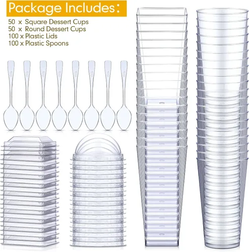Miniatura 4 de Nuogo - Paquete de 100 mini tazas de postre de 3 onzas con tapas y cucharas, vasos cuadrados de plástico transparente, recipientes desechables