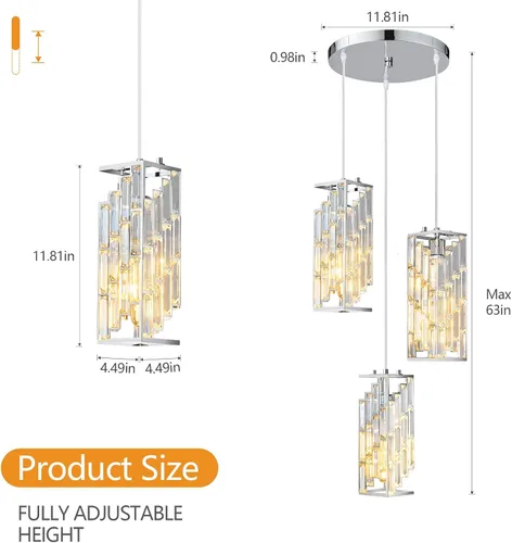 Miniatura 5 de Iluminación Colgante de Cromo, Luz Colgante Moderna, Mini Candelabros de Cristal, Accesorio de Luz Colgante Ajustable para Isla de Cocina, Comedor
