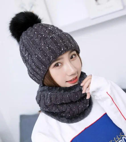 Miniatura 5 de IYEBRAO - Conjunto de gorro y bufanda de punto de invierno para mujer, lindo gorro de esquí con forro polar grueso, gorro de esquí cálido con pompón