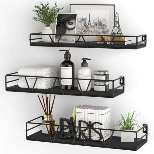 Miniatura 15 de Amaoot Juego de 3 estantes flotantes, estante de pared de madera para el hogar, estante de granja para dormitorio, estante flotante montado