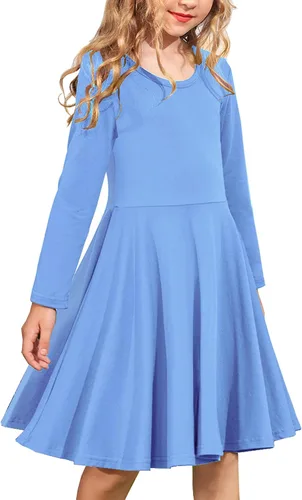Arshiner Girls Long Sleeve Stretchy Dress A line Twirly Skater School Party Dress