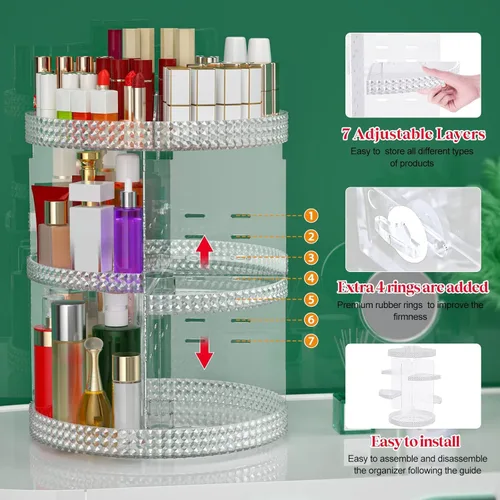Miniatura 4 de Awenia Organizador de maquillaje giratorio de 360 grados, almacenamiento de maquillaje ajustable, 7 capas de gran capacidad, unidad