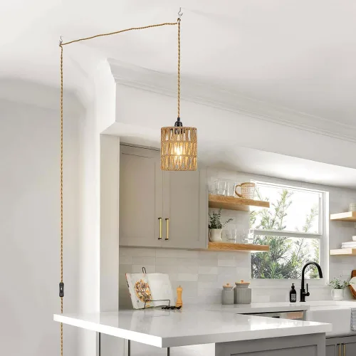 Miniatura 6 de Lámpara Colgante Bohemia con Enchufe, Luz Colgante with Cable con Enchufe, Lámpara de Techo con Pantalla Cilíndrica de Ratán e Interruptor
