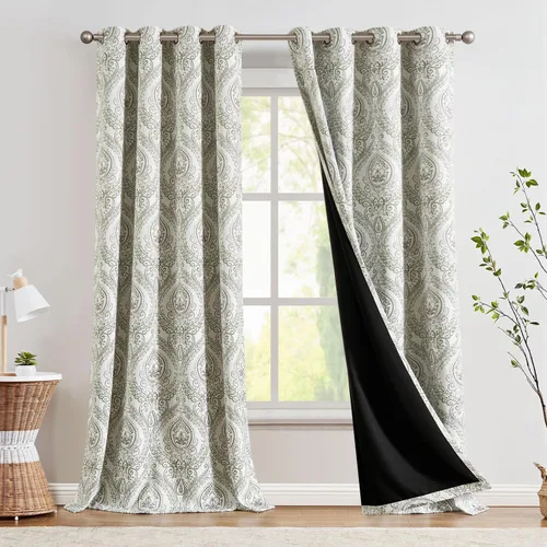 Miniatura 19 de jinchan Cortinas opacas de 90 pulgadas de largo, 2 paneles de medallón de damasco azul, cortinas de ventana para dormitorio, con ojales, aislamiento