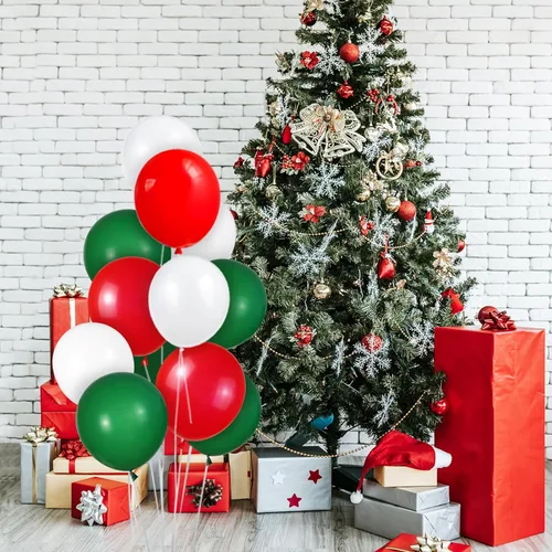 Miniatura 4 de 100 unidades de globos de Navidad rojos y verdes de 12 pulgadas, globos de látex rojos, verdes y blancos con 65 pies de cinta para decoraciones