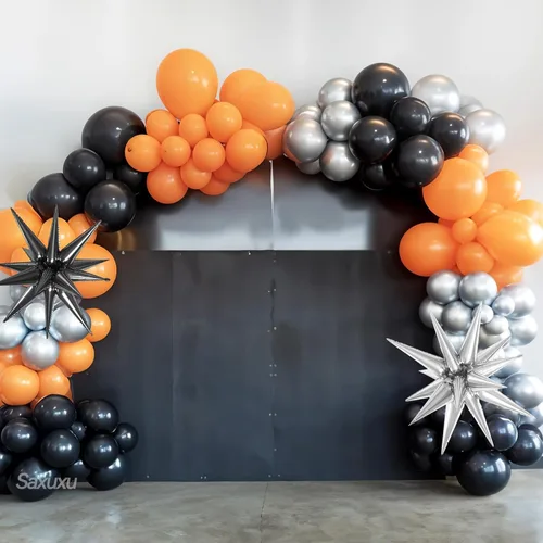 Miniatura 7 de Kit de arco de globos de baloncesto, kit de guirnalda de globos negros y naranjas, globos de estrella plateada de papel aluminio para baloncesto