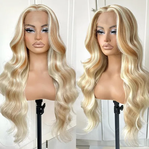Miniatura 9 de #27 Peluca de encaje frontal rubia miel sin pegamento, onda corporal, pelucas de encaje frontal sintéticas prediseñadas, con línea de cabello #27