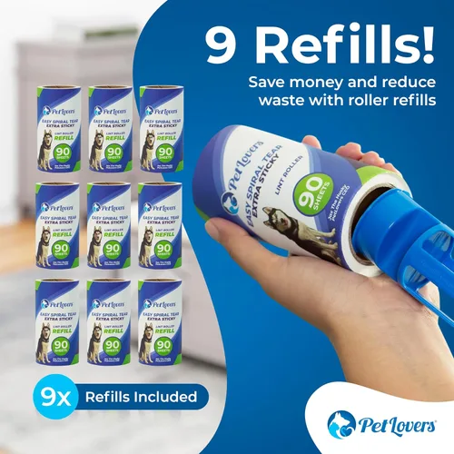 Miniatura 3 de PetLovers Rodillos y repuestos extra pegajosos para pelusas – 990 hojas, removedor de pelusa para perros y gatos, 9 paquetes de recambios