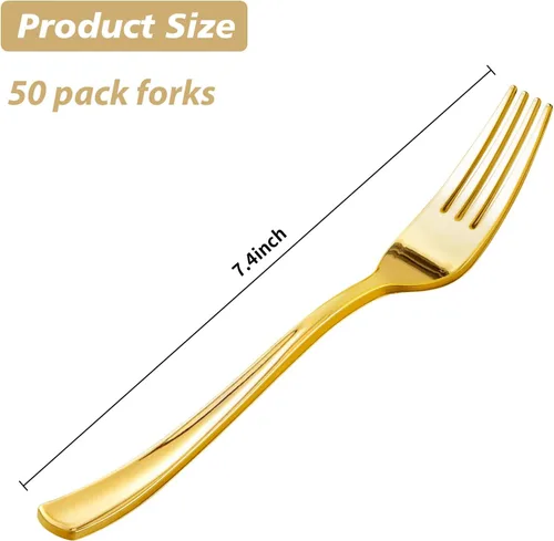 Miniatura 4 de Goodluck Paquete de 50 tenedores de plástico dorados, tenedores resistentes, desechables, cubiertos de plástico perfectos para bodas, fiestas, cenas