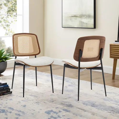 Miniatura 14 de LUNLING Sillas de comedor modernas de mediados de siglo, silla retro beige de piel sintética con asiento tapizado de madera curvada de nogal, patas