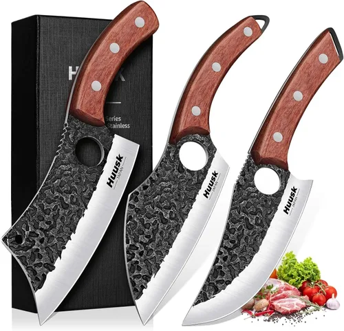 Huusk Juego de 3 cuchillos de carnicero japoneses para cortar carne, juegos de cuchillos vikingos forjados a mano con cuchillo de carne, juegos de
