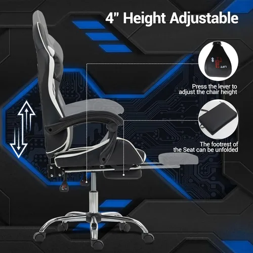 Miniatura 3 de Silla ergonómica para juegos con madera de masaje, silla de videojuegos gris con reposapiés para adultos y niños, reposacabezas ajustable y soporte