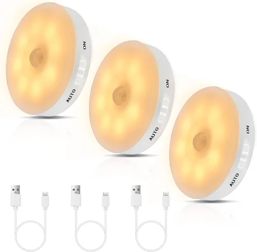 Luz LED con sensor de movimiento mejorada para interiores, brillante y duradera | Rechargeable Battery, Stick-On Motion Sensor Puck Night Lights for