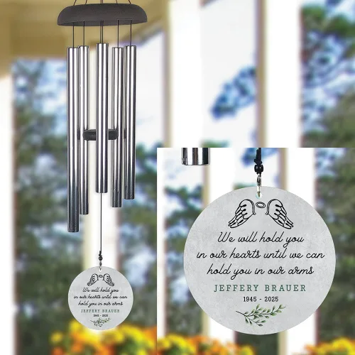 Miniatura 2 de Carillón de viento conmemorativo personalizado de 24" con alas de ángel – Tributo al aire libre personalizado grabado con nombre y fechas