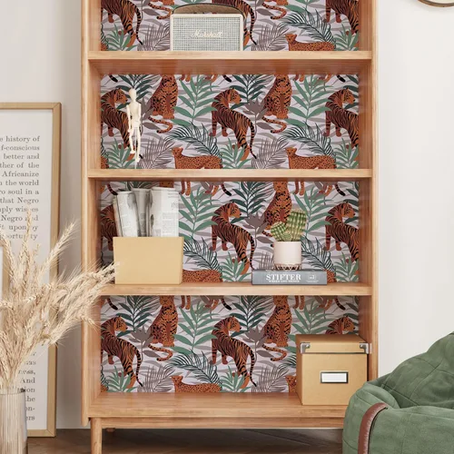 Miniatura 4 de CRE8TIVE Papel tapiz de animales de tigre y leopardo, hojas exóticas de selva tropical, papel tapiz de despegar y pegar, papel tapiz de 12 x 118