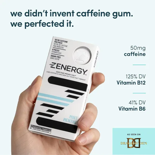 Miniatura 2 de ZENERGY Goma de mascar energética, 50 mg de cafeína por pieza con vitaminas B6 y B12, 0 calorías, sin azúcar y gluten, sin OMG, vegano y sin