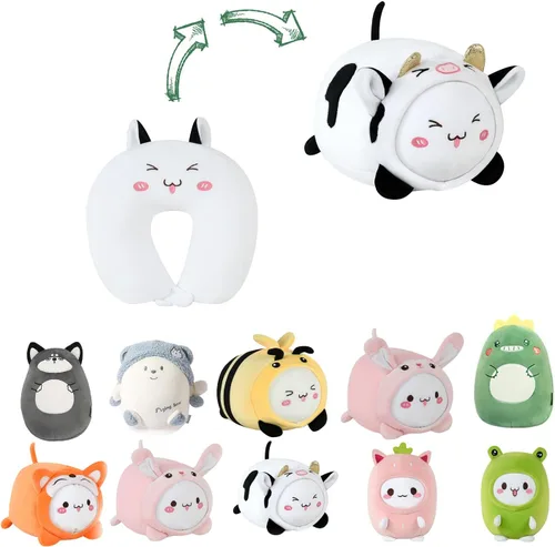 Miniatura 12 de Almohada de viaje para niños, almohada de cuello deformable 2 en 1 para niños, almohada suave en forma de U con adorable diseño de animales, cómodo