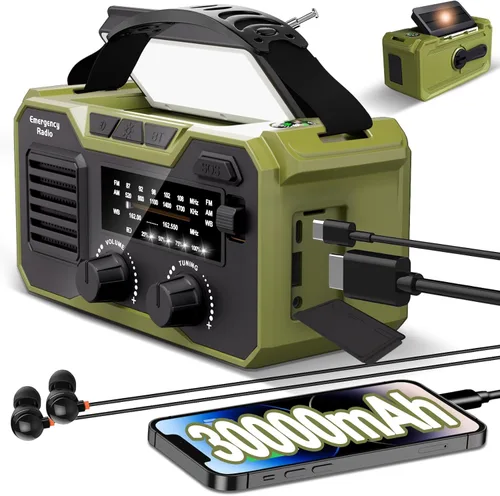 Radio meteorológica de emergencia de 30000 mAh, radio de alerta meteorológica AM/FM/NOAA, manivela, solar, tipo C, radio para exteriores recargable