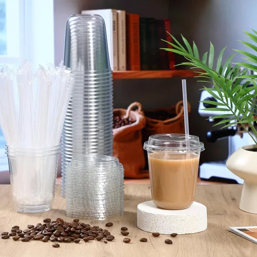 Miniatura 2 de Ziliny 50 juegos de vasos de plástico transparente con tapas y pajitas, vasos desechables para café helado a granel PET para vino, cóctel, batido