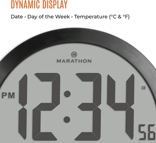 Miniatura 4 de MARATHON Reloj de pared digital moderno negro – Pantalla fácil de leer de 15 pulgadas con día, fecha y temperatura para oficina en casa, cocina