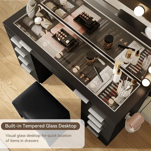 Miniatura 4 de YITAHOME Escritorio de tocador con espejo y luces, juego de tocador de maquillaje con parte superior de vidrio y 10 cajones, estación de carga