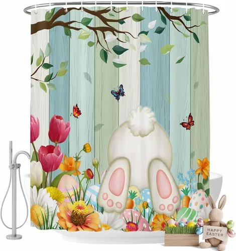 Miniatura 15 de LooPoP Cortina de ducha de Pascua con ganchos, tela impermeable, diseño de flores, zanahoria, conejo, juego de cortinas de ducha para baño, bañeras