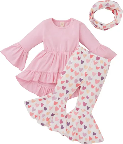 Toddler Baby Girls Soft Suit Valentine's Day Ruffles Tops Heart Printed Flare Pants Swaddling Blankets for Baby