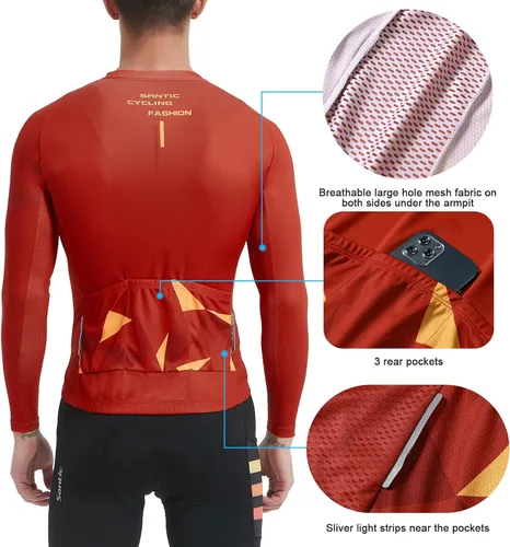 Miniatura 87 de Santic - Camiseta de ciclismo para hombre, manga larga, reflejante, cremallera completa, con bolsillos