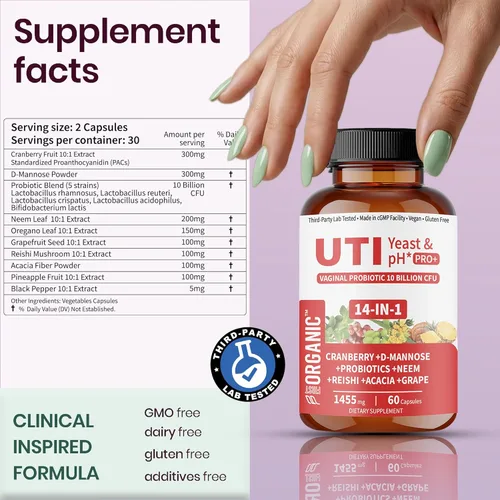 Miniatura 6 de Probiótico de microflora vaginal para mujer Apoya el equilibrio de ITU, levadura y pH Mezcla de hidratación diaria con arándano, D-manosa, aloe