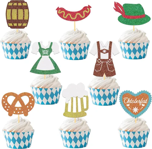 24 adornos para cupcakes con purpurina para el Oktoberfest, decoración para tartas del día de la cerveza, para festivales bávaros para suministros