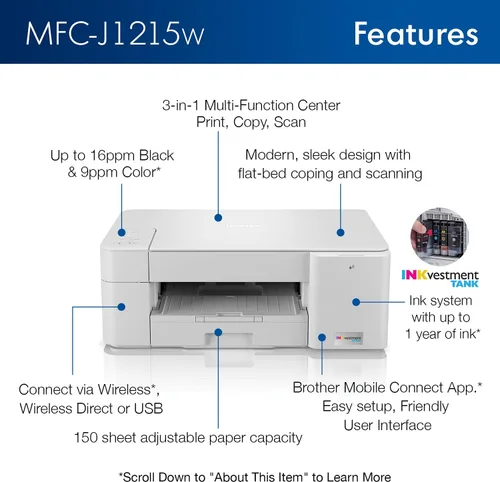 Miniatura 3 de Brother MFC-J1215W INKvestment Tank Impresora inalámbrica de inyección de tinta todo en uno a color para oficina en casa, impresión, copia, escaneo