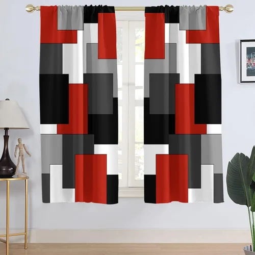 AAtter Cortina de ventana roja y negra, gris, blanco, multicolor, geométrica, plateada, oscura, arte cuadrado, abstracto, sala de estar, dormitorio,