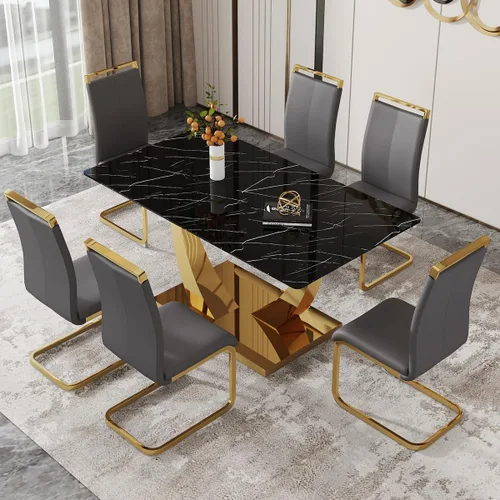 Juego de Mesa de Comedor de Mármol Falso de 63" para 6, Juego de Mesa de Comedor Negro para 6, Juego de Mesa de Cocina Rectangular con Sillas de