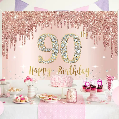 Miniatura 4 de Cartel de feliz cumpleaños 90 para mujer, decoración de fondo para fiesta de cumpleaños de 90 años de oro rosa, póster de cumpleaños de 90 años