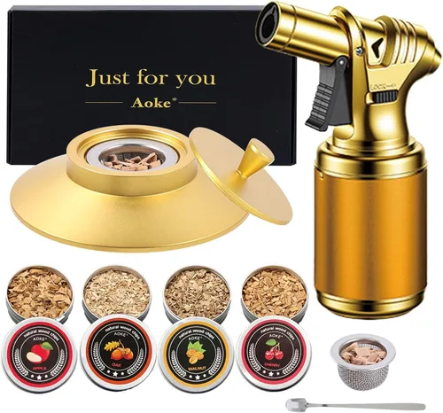 Miniatura 9 de AOKE - Kit de ahumador de whisky metálico dorado con chips de madera de 4 sabores para whisky y bourbon, kit de ahumador antiguo para mejorar
