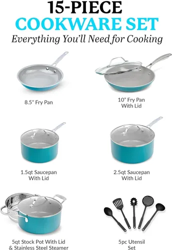 Miniatura 2 de GOTHAM STEEL Juego de utensilios de cocina de cerámica de 15 piezas, juego de ollas y sartenes de cerámica antiadherentes con utensilios de cocina