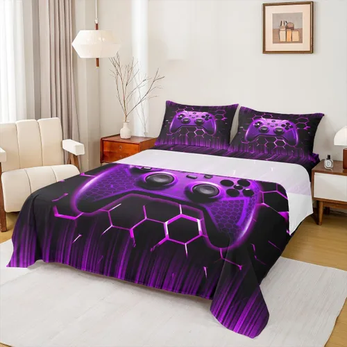 Miniatura 15 de Manfei Honeycomb - Juego de sábanas con diseño de mando de videojuegos tamaño Twin, juego de ropa de cama geométrica azul con controlador