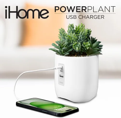 Miniatura 2 de iHome PowerPlant - Estación de carga, suculentas falsas con estación de carga USB para iPhone, Android y más, color blanco (iPP45)