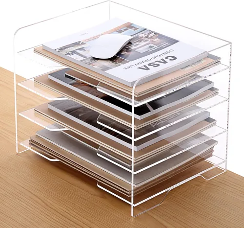 Miniatura 16 de Paquete de 2 bandejas apilables de papel para cartas, organizador de escritorio de archivos A4 ampliado, organizador de escritorio de acrílico