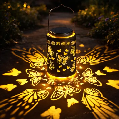 Farol solar de mariposa para exteriores, impermeable, linterna de jardín de metal colgante con proyección de mariposa cálida, luz solar decorativa