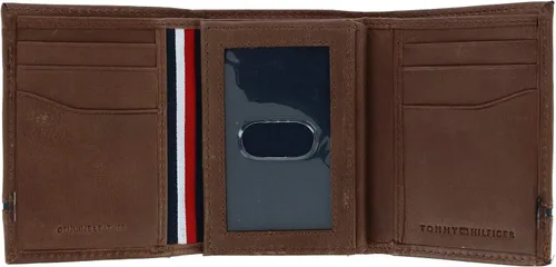 Miniatura 4 de Tommy Hilfiger Cartera de cuero Leif RFID triple con doble identificación para hombre, Marrón, Trifold