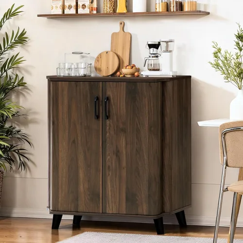 Miniatura 6 de LuxenHome - Armario buffet con almacenamiento, gabinete moderno de mediados de siglo con borde curvo, gabinete de café de nogal, pequeño armario