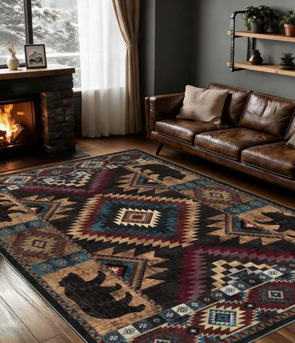 Miniatura 25 de Alfombra de pasillo de 2 x 6 pulgadas para interior - Alfombra de entrada rústica de cabaña con diseño de oso, antideslizante, de pelo bajo