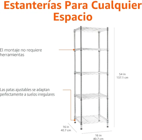 Miniatura 3 de Amazon Basics Estantería de almacenamiento ajustable en torre de 5 estantes, cromada, 16 pulgadas de profundidad x 16 pulgadas de ancho x 54 cromado