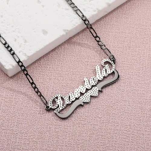 Miniatura 3 de Drawelry Collar con nombre personalizado de dos tonos con placa de oro de 18 quilates, chapado en doble corazón, placa con dije de placa de nombre